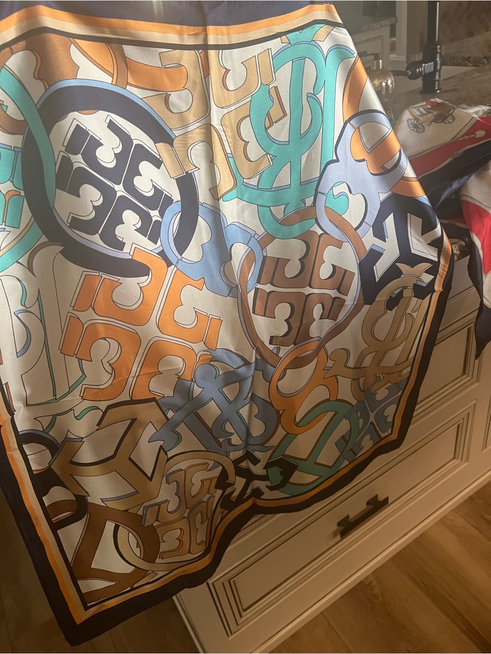 Silk Patterned Logo-Print Scarf in Cream, Orange, Teal & Navy! NWOT!